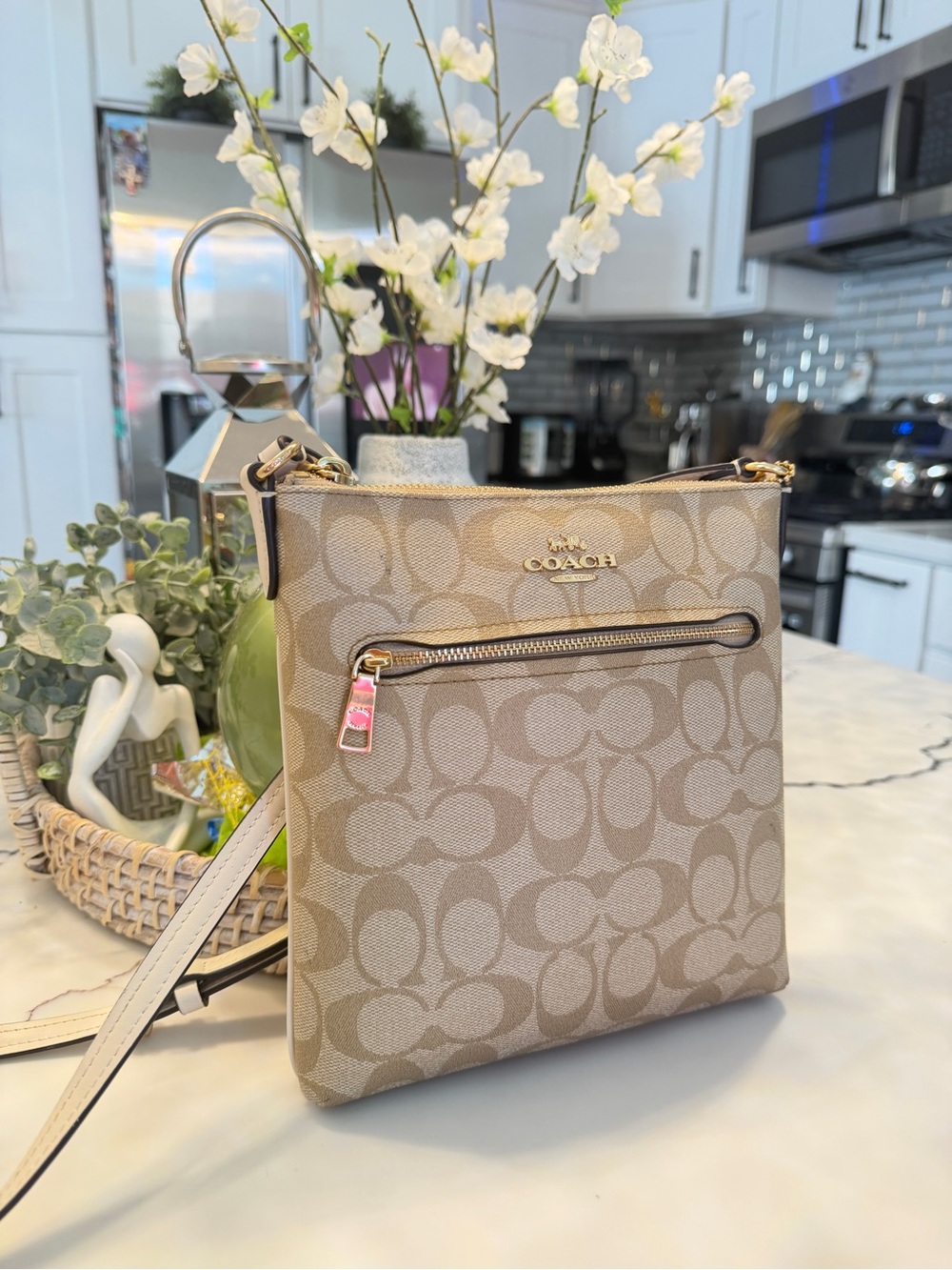 Coach Tan Signature Canvas Crossbody Bag with Gold Hardware